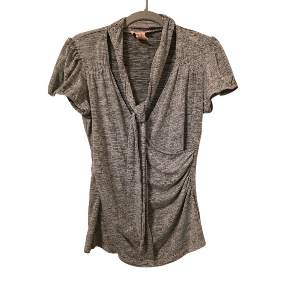 Candie’s Y2K Gray Tie Neck Ruched Top Women’s L Short Sleeve